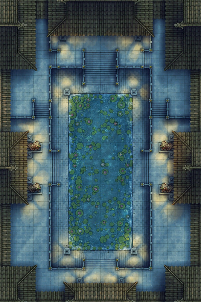 Palace Courtyard Battlemap - blue rectangular pool green aquatic - Digital, Foundry VTT, Print