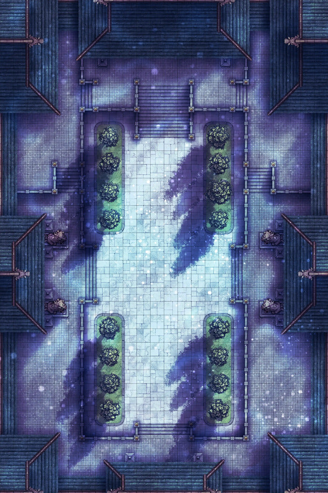 Palace Courtyard Battlemap - blue white tiled floor garden - Digital, Foundry VTT, Print
