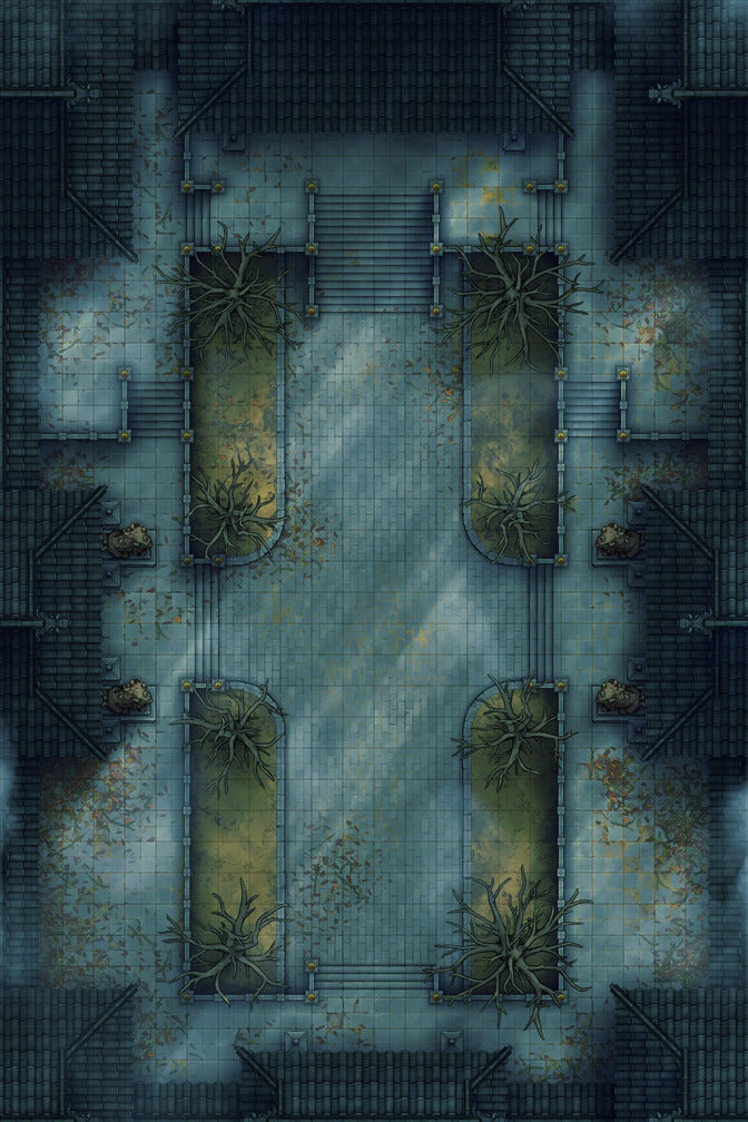 Palace Courtyard Battlemap - dark stone archway green moss - Digital, Foundry VTT, Print