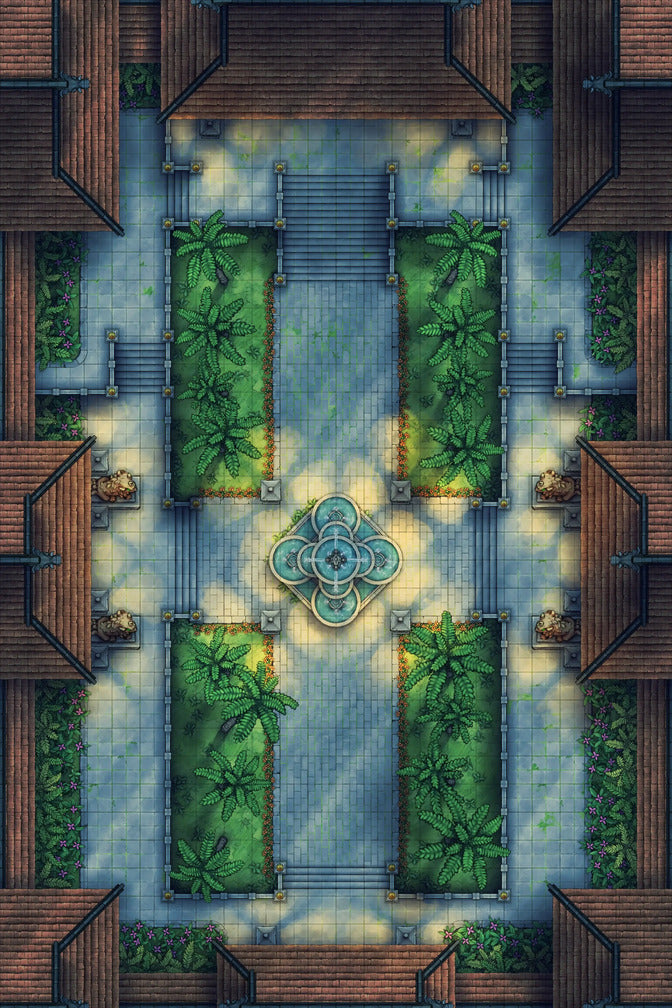 Palace Courtyard Battlemap - green palm tree topiary hedge - Digital, Foundry VTT, Print