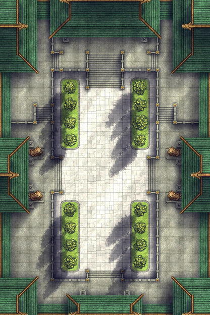 Palace Courtyard Battlemap - green tiled roof garden stone - Digital, Foundry VTT, Print
