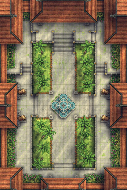 Palace Courtyard Battlemap - turquoise fountain intricate design surrounded - Digital, Foundry VTT, Print