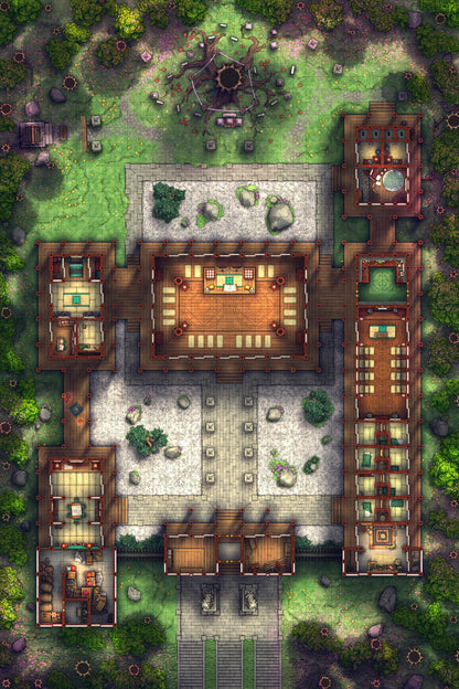 Peach Shrine Palace Battlemap - brown wooden house green roof - Digital, Foundry VTT, Print
