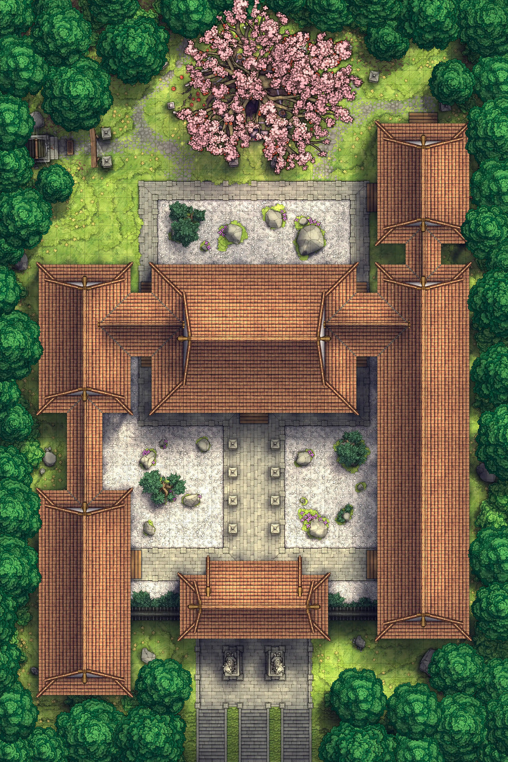 Peach Shrine Palace Battlemap - brown wooden house red roof - Digital, Foundry VTT, Print