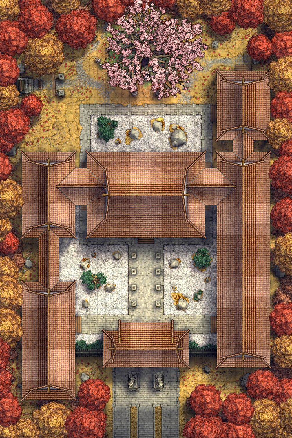 Peach Shrine Palace Battlemap - brown wooden house stone pathway - Digital, Foundry VTT, Print