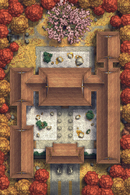 Peach Shrine Palace Battlemap - brown wooden house stone pathway - Digital, Foundry VTT, Print