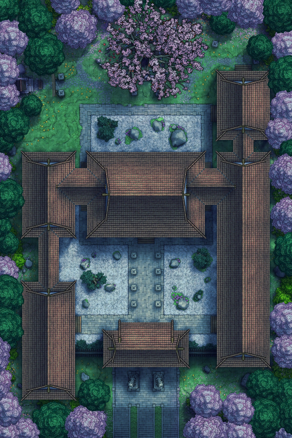 Peach Shrine Palace Battlemap - brown wooden house stone pathway - Digital, Foundry VTT, Print