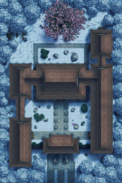 Peach Shrine Palace Battlemap - brown wooden house stone pathway - Digital, Foundry VTT, Print