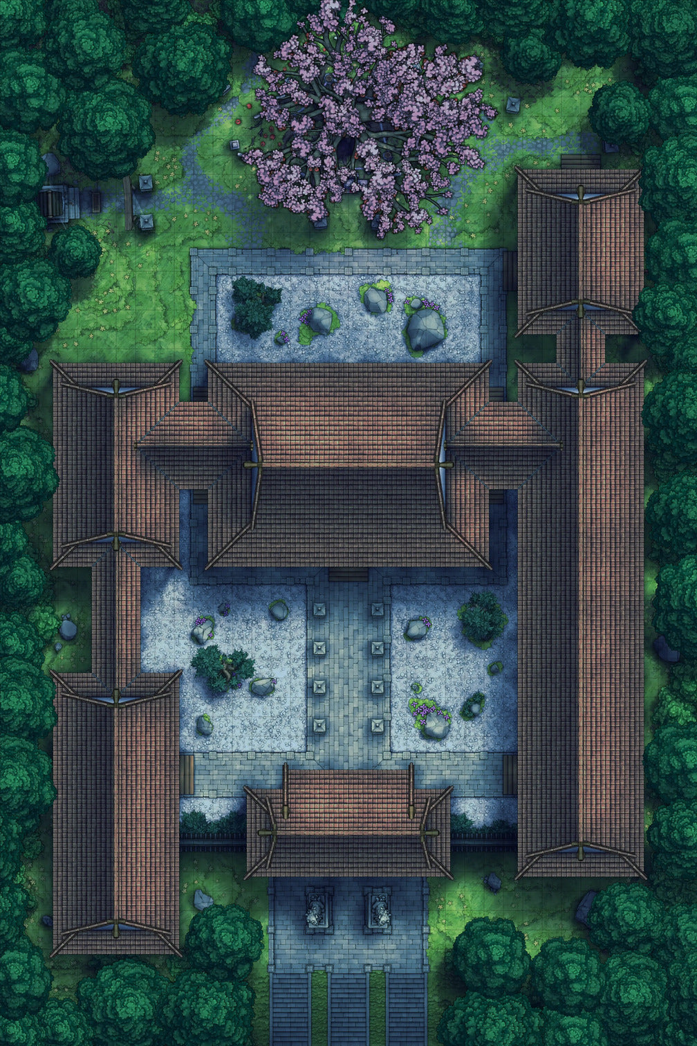 Peach Shrine Palace Battlemap - brown wooden house tiled roof - Digital, Foundry VTT, Print