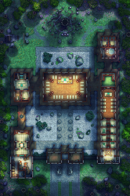 Peach Shrine Palace Battlemap - green brown wooden table stone - Digital, Foundry VTT, Print