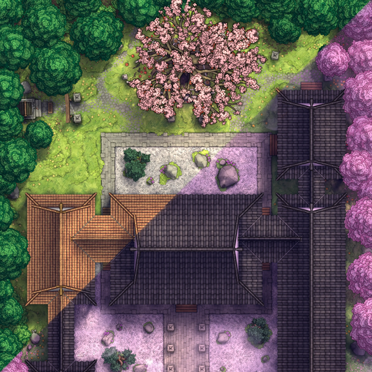 Peach Shrine Palace Battlemap - wooden house tiled roof stone - Digital, Foundry VTT, Print