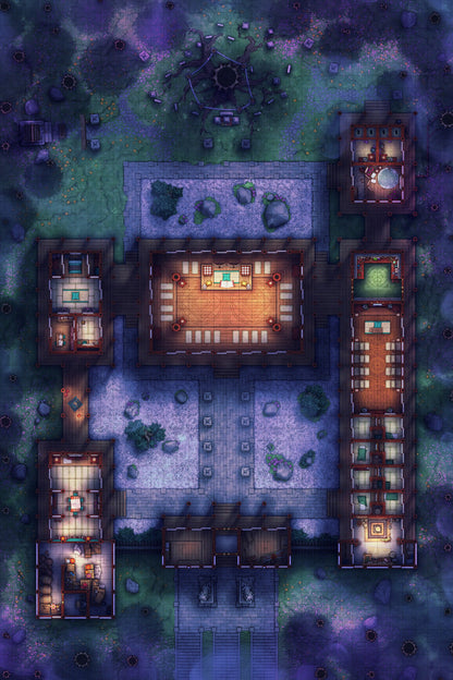 Peach Shrine Palace Battlemap - wooden table four chairs dark - Digital, Foundry VTT, Print