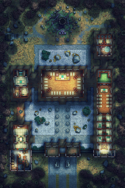 Peach Shrine Palace Battlemap - wooden table green chairs blue - Digital, Foundry VTT, Print