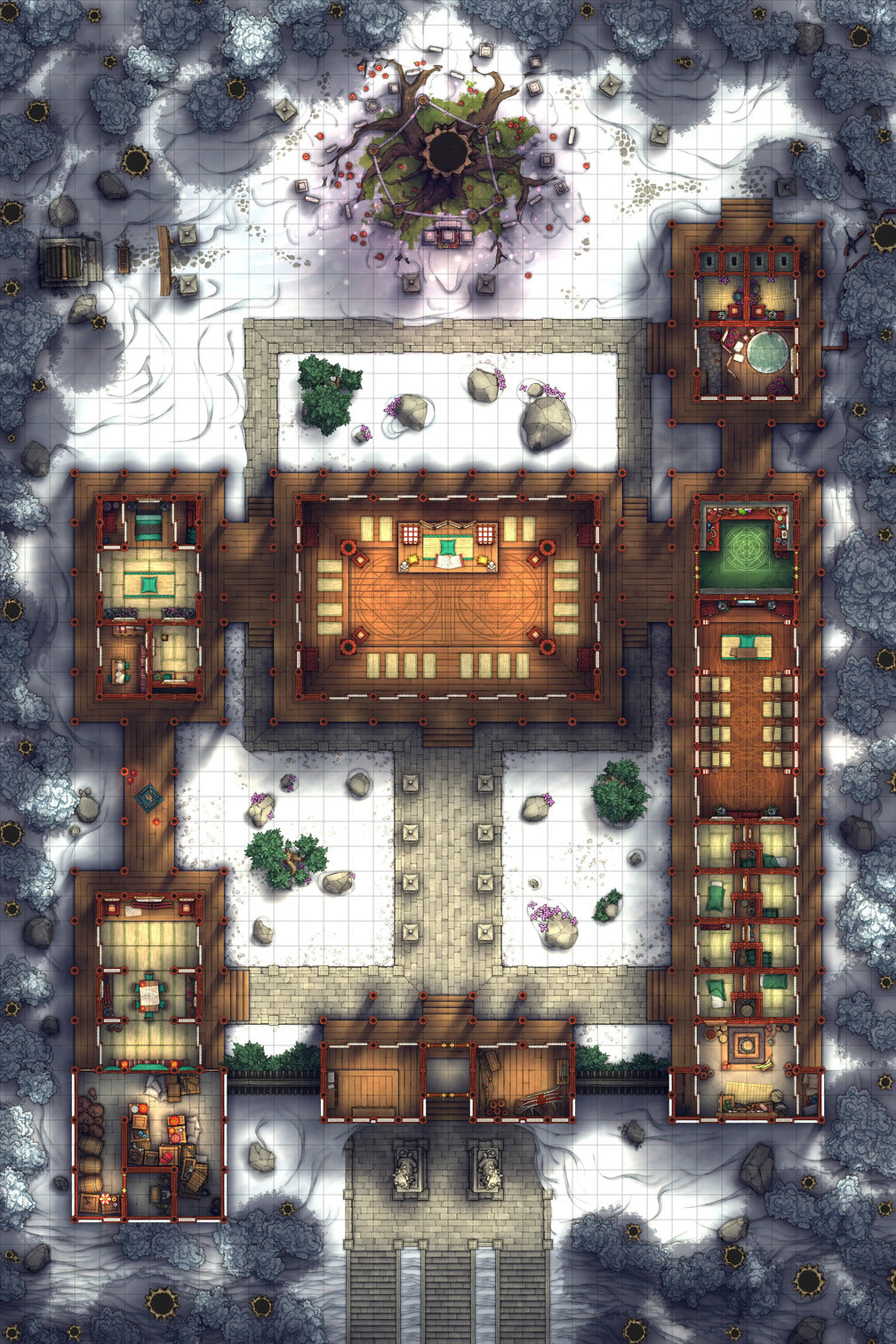 Peach Shrine Palace Battlemap - wooden table green chairs stone - Digital, Foundry VTT, Print