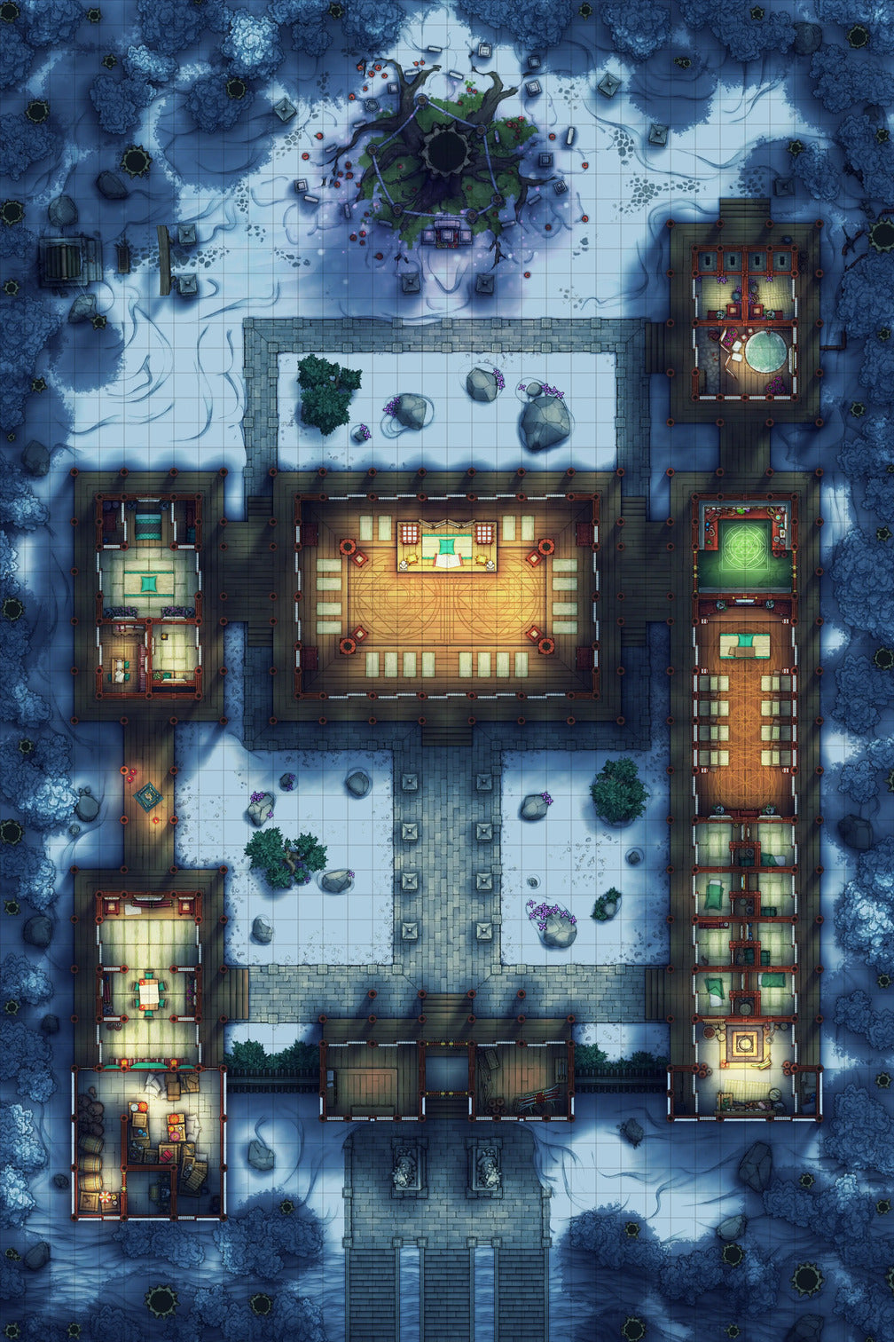 Peach Shrine Palace Battlemap - wooden table green chairs white - Digital, Foundry VTT, Print