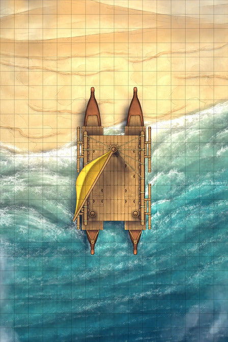 Polynesian Catamaran Canoe Battlemap - beached catamaran yellow sail - Digital, Foundry VTT, Print
