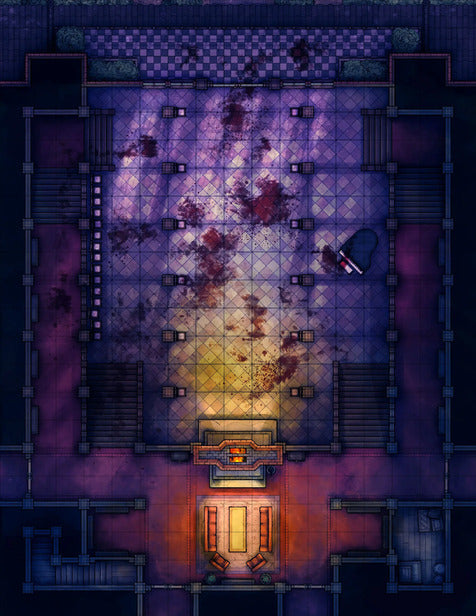 Scarlet Devil Mansion Ballroom & Library Battlemap - blood-splattered ballroom - Digital, Foundry VTT, Print