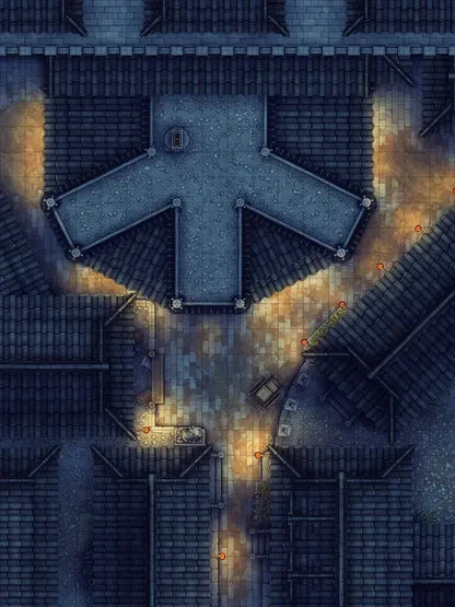 Silk Pony Inn Battlemap - overhead view dark medieval town - Digital, Foundry VTT, Print