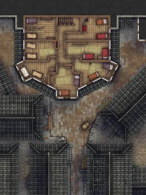 Silk Pony Inn Battlemap - overhead view multiple rooms beds - Digital, Foundry VTT, Print