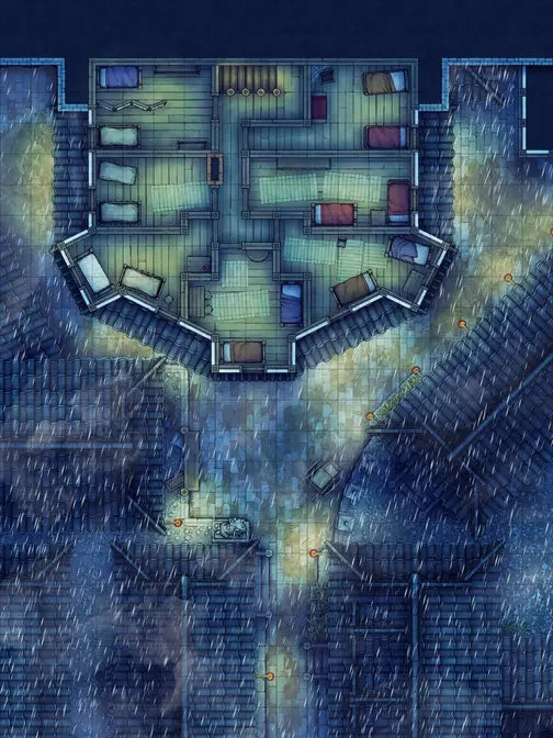Silk Pony Inn Battlemap - rain-soaked floorplan - Digital, Foundry VTT, Print