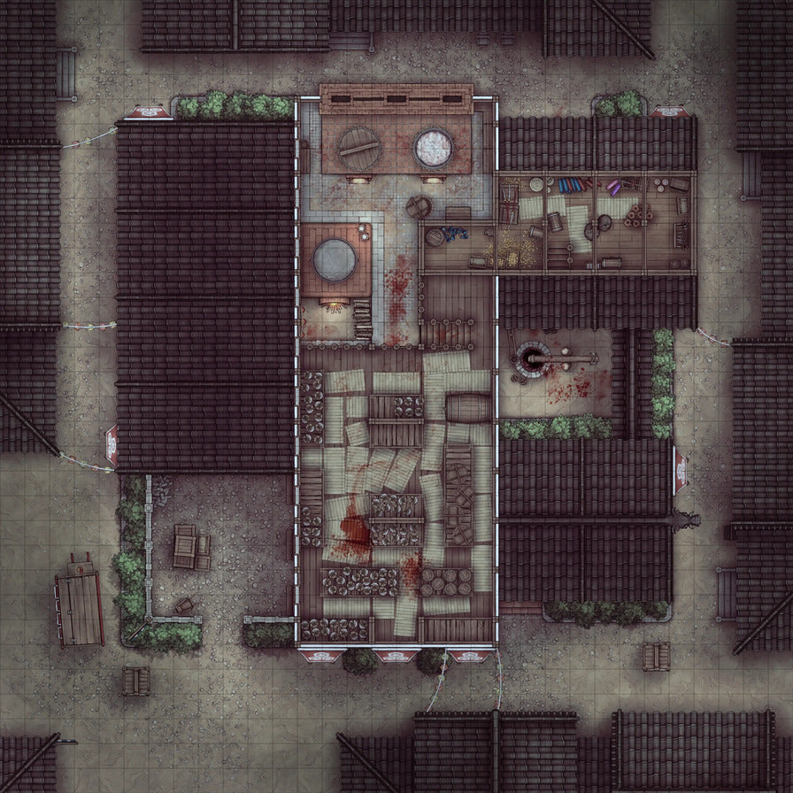 Smugglers’ Sake Brewery Hideout Battlemap - blood-splattered layout - Digital, Foundry VTT, Print
