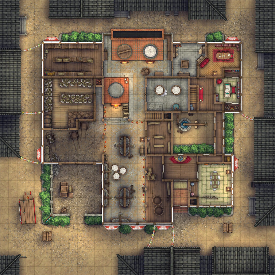 Smugglers’ Sake Brewery Hideout Battlemap - detailed floorplan - Digital, Foundry VTT, Print