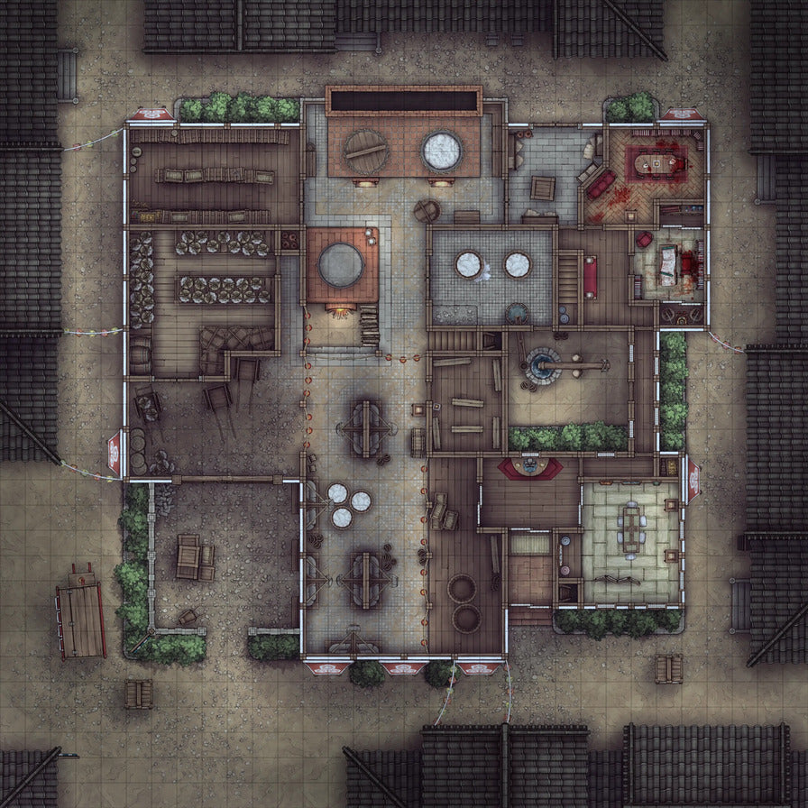 Smugglers’ Sake Brewery Hideout Battlemap - detailed floorplan - Digital, Foundry VTT, Print