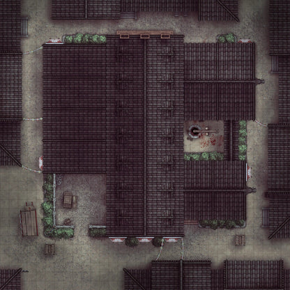 Smugglers’ Sake Brewery Hideout Battlemap - overhead view dark tiled-roof - Digital, Foundry VTT, Print