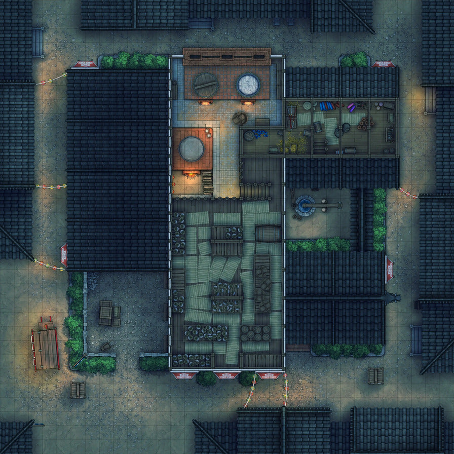 Smugglers’ Sake Brewery Hideout Battlemap - overhead view town market - Digital, Foundry VTT, Print