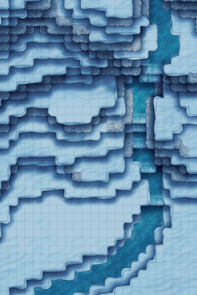 Stuck in a Square World Battlemap - blue river tiered snowy terrain - Digital, Foundry VTT, Print