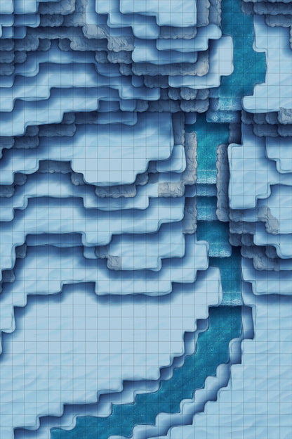 Stuck in a Square World Battlemap - blue river tiered snowy terrain - Digital, Foundry VTT, Print