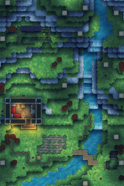 Stuck in a Square World Battlemap - fantasy battle map river house - Digital, Foundry VTT, Print