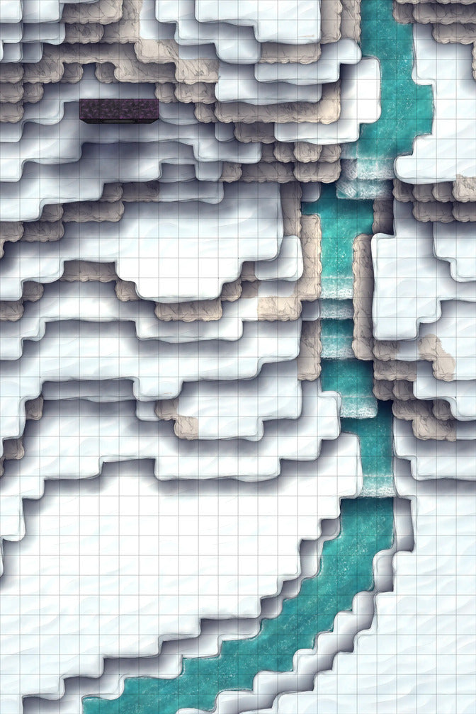Stuck in a Square World Battlemap - gridded tiered canyon turquoise river - Digital, Foundry VTT, Print