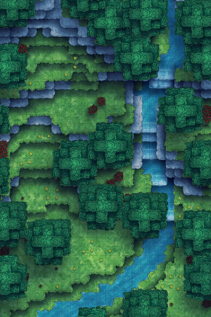 Stuck in a Square World Battlemap - overhead view forest river - Digital, Foundry VTT, Print