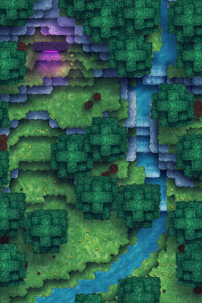 Stuck in a Square World Battlemap - overhead view forest stream - Digital, Foundry VTT, Print