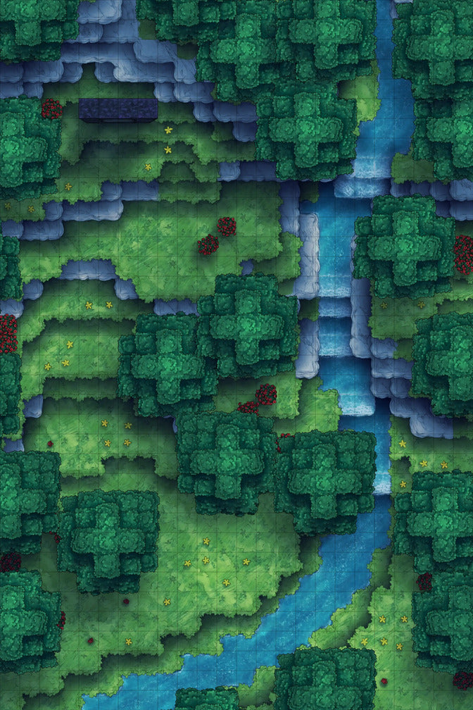 Stuck in a Square World Battlemap - overhead view forested river valley - Digital, Foundry VTT, Print