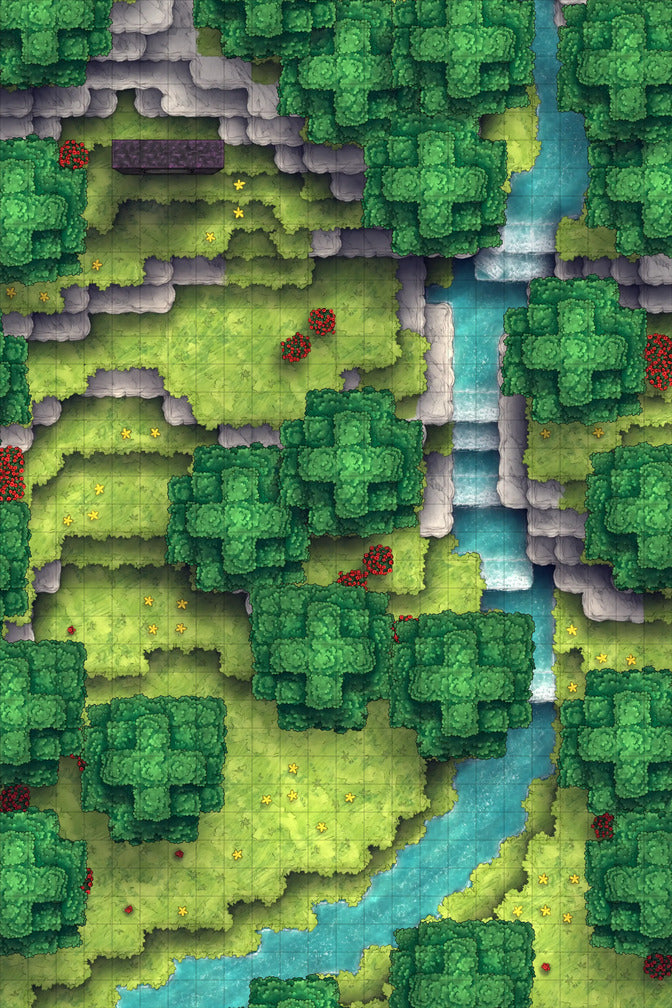 Stuck in a Square World Battlemap - top-down forest map river - Digital, Foundry VTT, Print