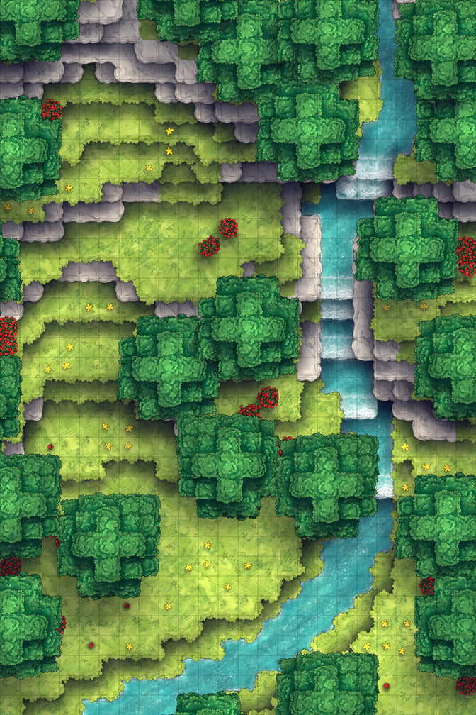 Stuck in a Square World Battlemap - top-down forest map river - Digital, Foundry VTT, Print