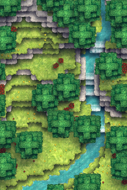 Stuck in a Square World Battlemap - top-down forest map river - Digital, Foundry VTT, Print
