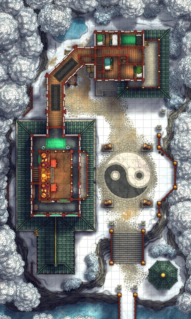 Taoist Forest Temple Battlemap - green brown wooden house yin - Digital, Foundry VTT, Print