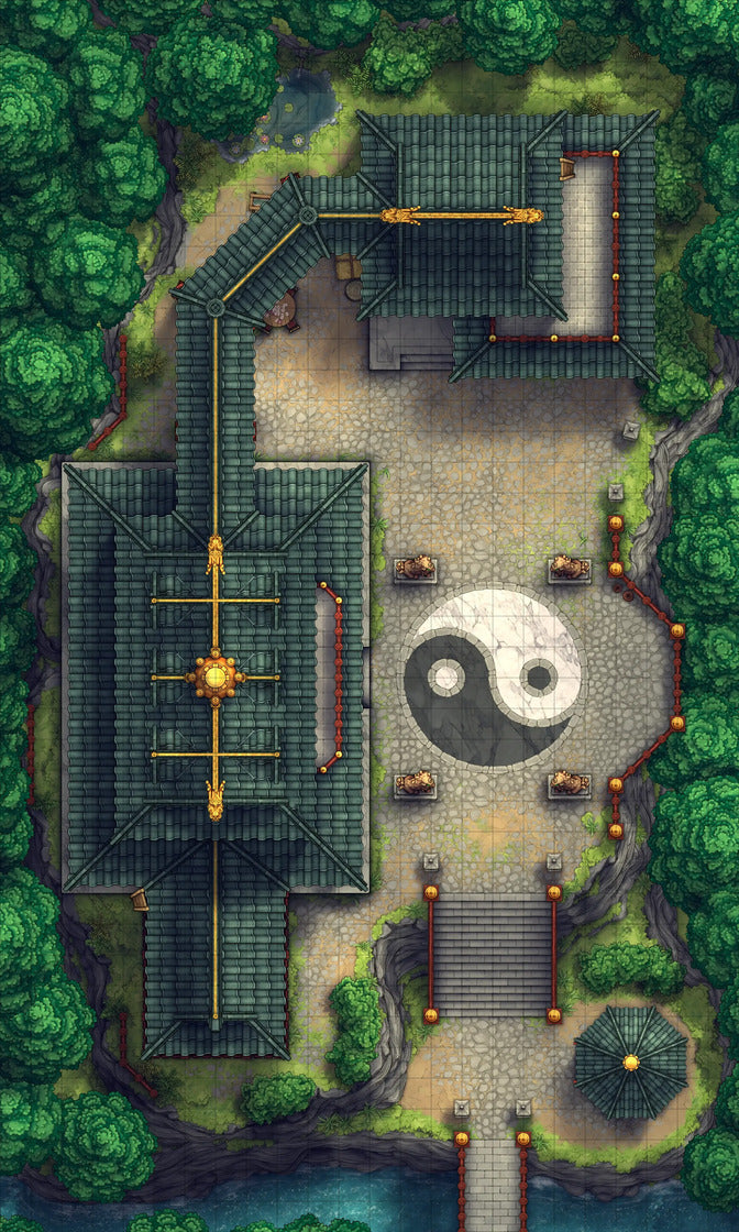Taoist Forest Temple Battlemap - yin yang garden statue - Digital, Foundry VTT, Print