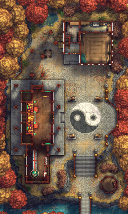 Taoist Forest Temple Battlemap - yin yang garden statue - Digital, Foundry VTT, Print