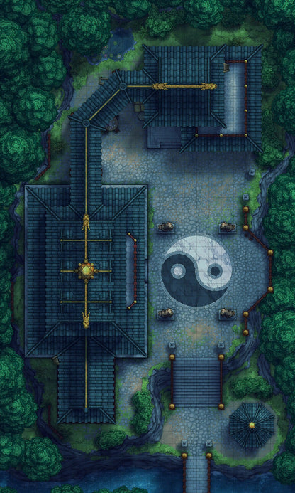 Taoist Forest Temple Battlemap - yin yang garden statue - Digital, Foundry VTT, Print
