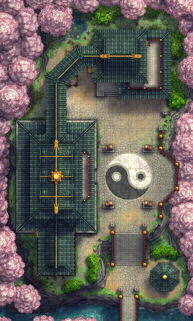 Taoist Forest Temple Battlemap - yin yang garden statue - Digital, Foundry VTT, Print