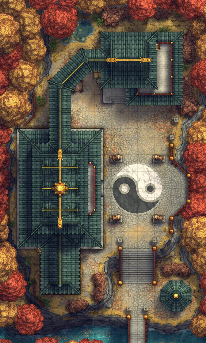 Taoist Forest Temple Battlemap - yin yang garden statue - Digital, Foundry VTT, Print