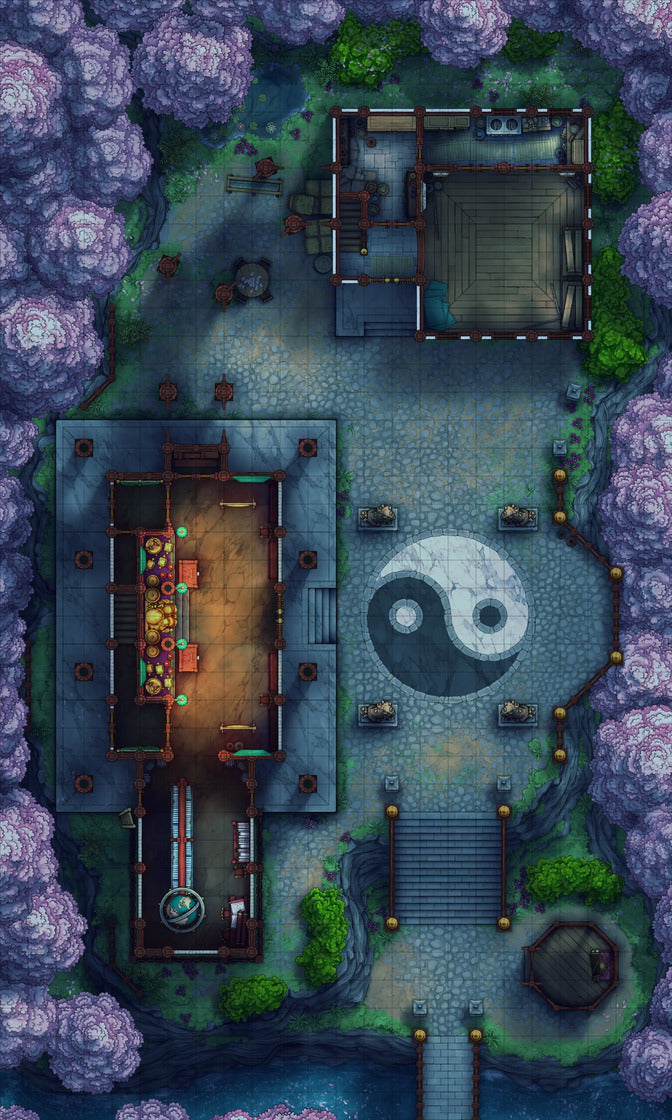 Taoist Forest Temple Battlemap - yin yang stone garden marker - Digital, Foundry VTT, Print