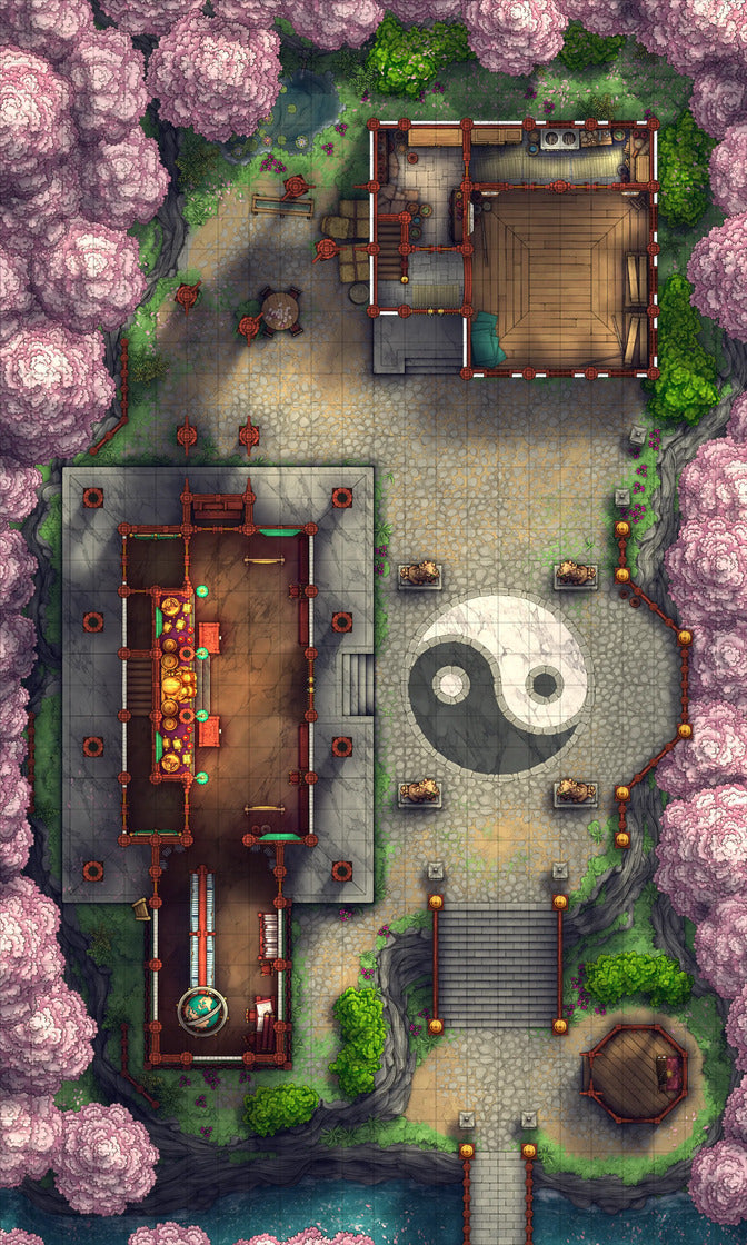 Taoist Forest Temple Battlemap - yin yang stone garden statue - Digital, Foundry VTT, Print