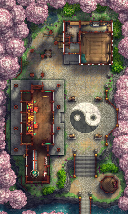 Taoist Forest Temple Battlemap - yin yang stone garden statue - Digital, Foundry VTT, Print