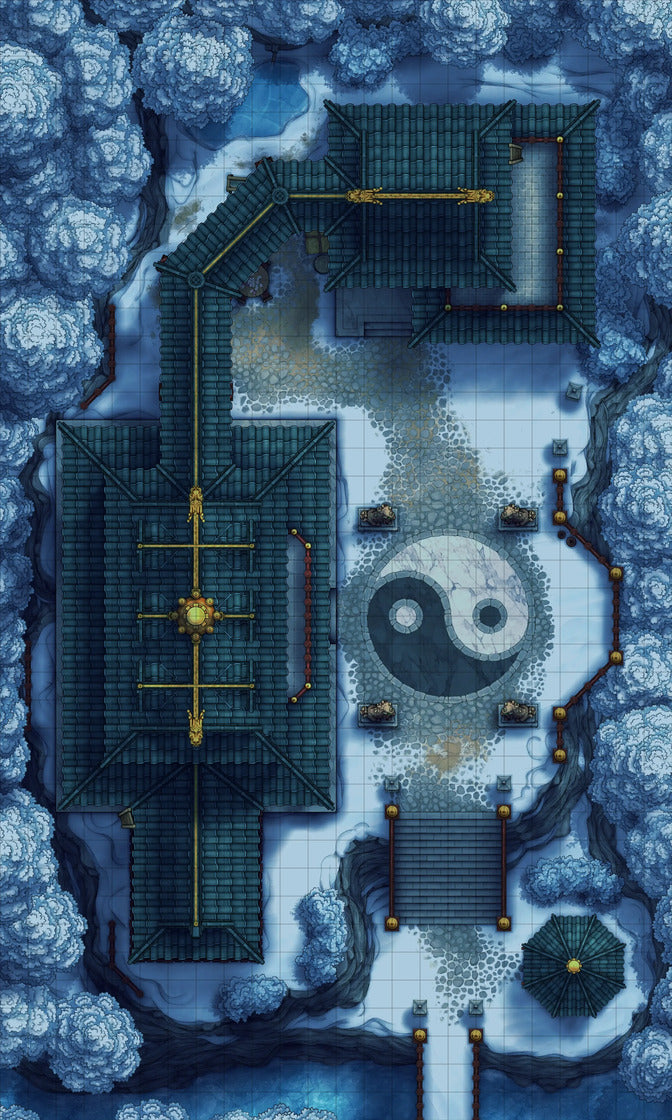 Taoist Forest Temple Battlemap - yin yang stone garden statue - Digital, Foundry VTT, Print