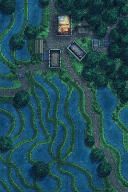 Terraced Rice Paddy Farm Battlemap - overhead view village amidst rice - Digital, Foundry VTT, Print